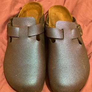 Purple icy metallic Birkenstock shoes